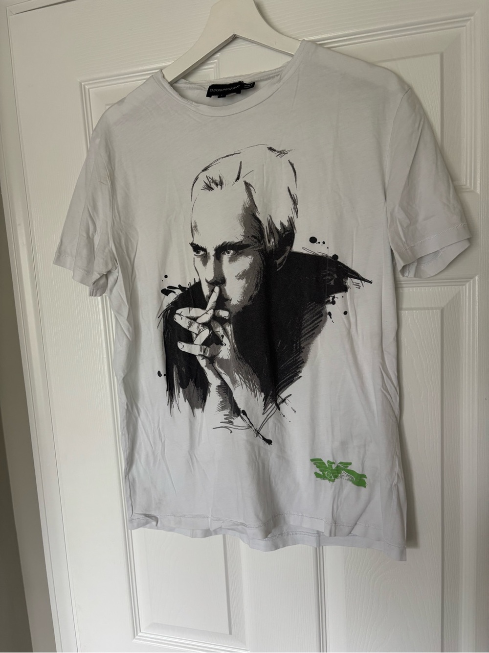 Emporio Armani White T-Shirt with Black Portrait and Green Accent